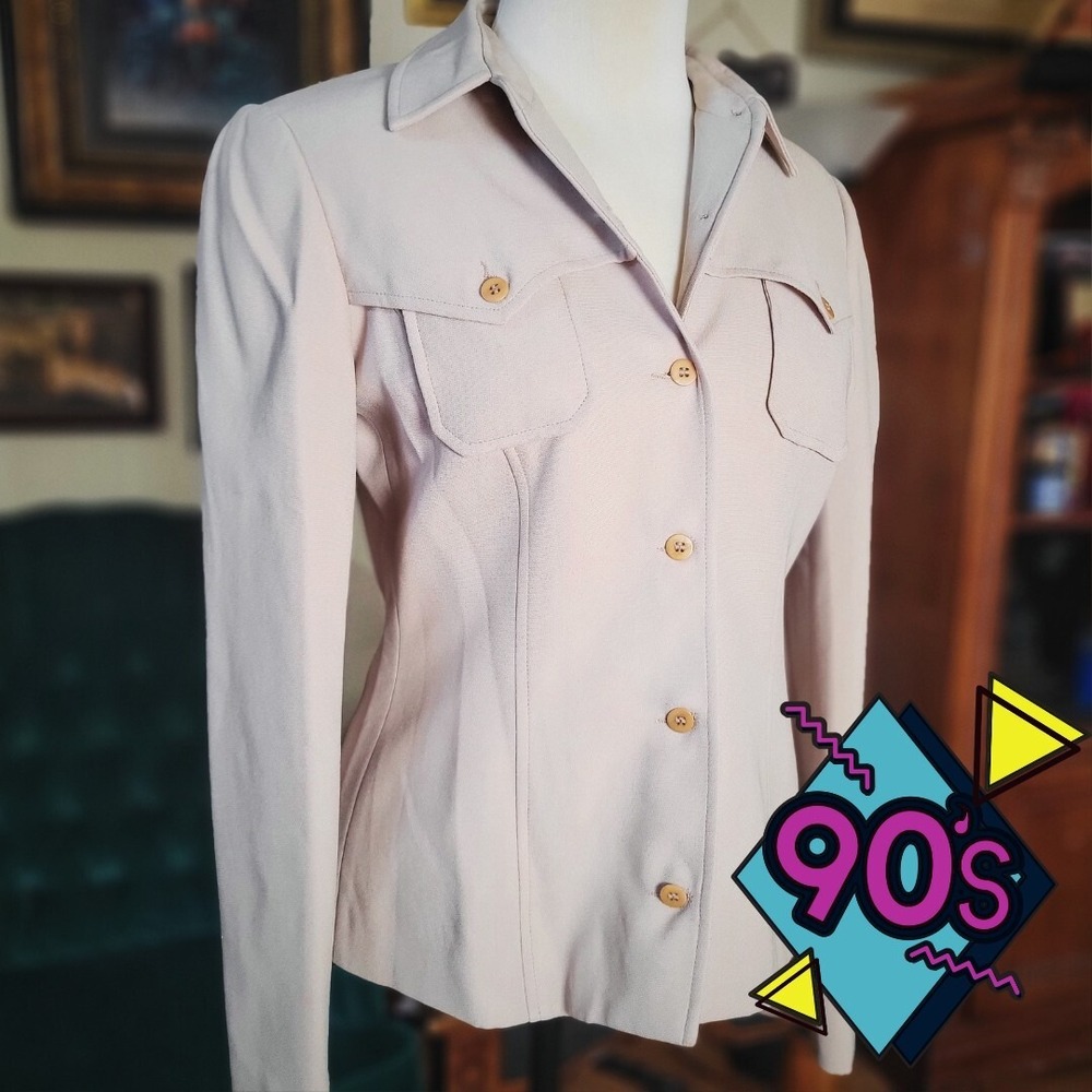 BCBG Max Azria Blazer Vintage 90s Tan Safari Jacket Button Up Small Made in USA